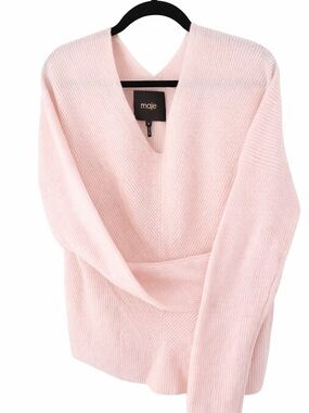 Maje Light Pink V-Neck Cashmere Ribbed Sweater